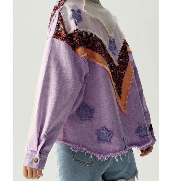 Western Cotton Star Patch Floral Print Oversized Button down Jacket - Picture 4 of 8